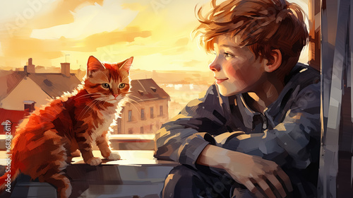Two red-haired friends - a boy and a cat - are sitting on the windowsill near the open window. Naive art style storybook illustration