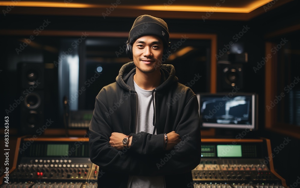 Portrait of young handsome asian rapper smile at engineer studio - obrazy, fototapety, plakaty 
