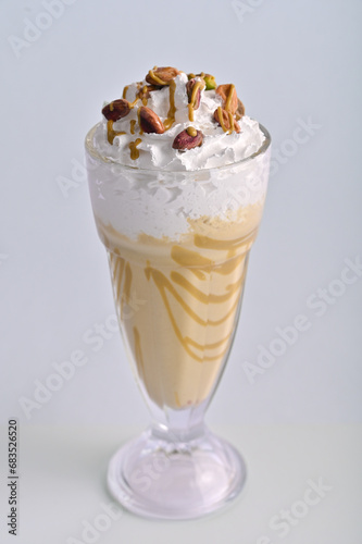  Caramel mocha frappe with foam and coffee beans