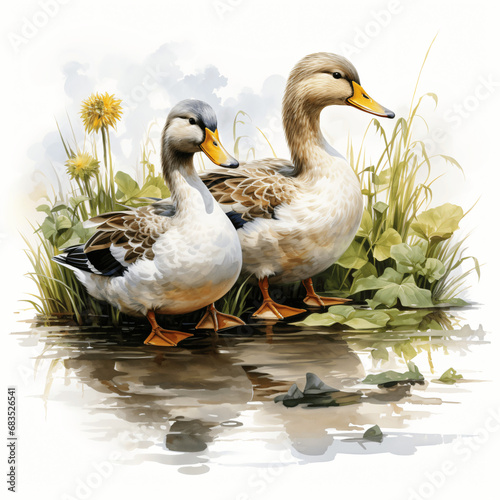 Two Ducks Camouflaged in Bushes, Illustrative Art on White