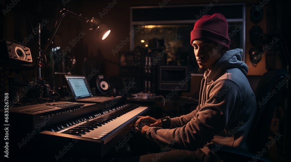 Hip-hop songwriters are composing songs with piano at Recording studio - obrazy, fototapety, plakaty 