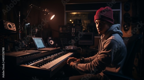 Hip-hop songwriters are composing songs with piano at Recording studio photo