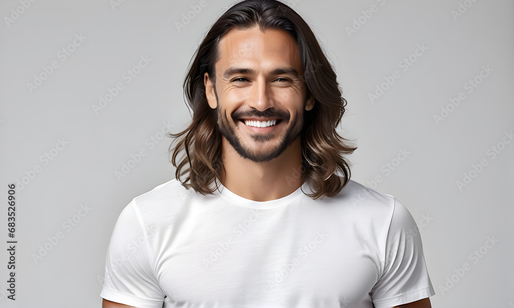 Long-haired man wearing a T-shirt, white in the background. Generative AI Long-haired man wearing a T-shirt, white in the background. Generative AI