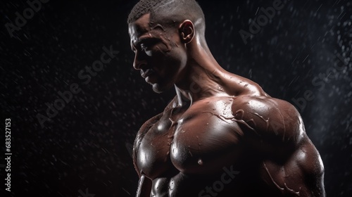 a muscular bodybuilder stands shirtless, his chiseled physique glistening with sweat, captured in a close-up shot that focuses on his bulging biceps