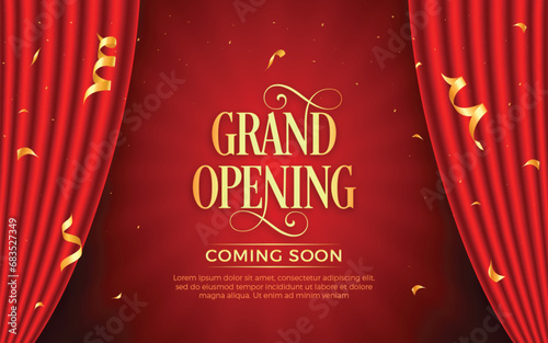 Realistic grand opening invitation banner with red curtains, golden elements and 3d editable text effect photo