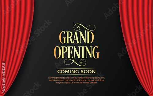 Realistic grand opening invitation banner with red curtains, golden elements and 3d editable text effect