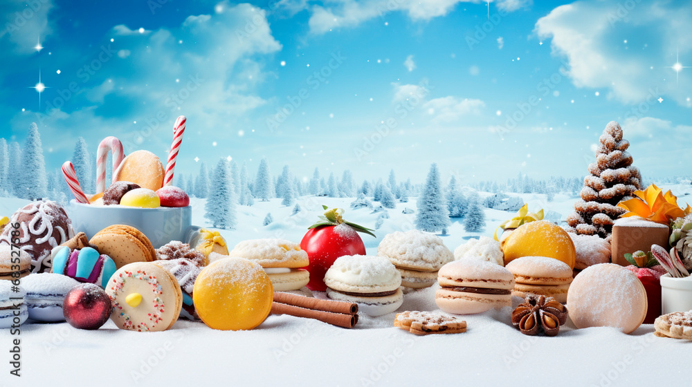 Fototapeta premium Christmas cookies on snow and blue background. Christmas concept.Generative AI