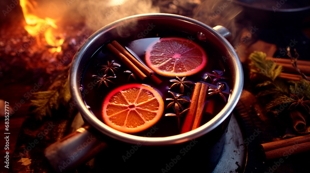 Saucepan with hot mulled wine on table.Generative AI Saucepan with hot mulled wine on table.Generative AI