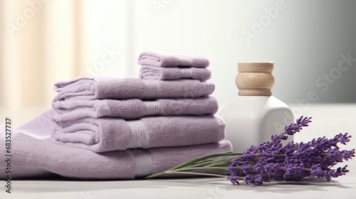 terry towels adorned with delicate lavender flowers, featuring a beautiful reflection, set against a modern minimalist background with abundant space for text or invitations.
