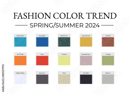 Fashion Color Trend Spring - Summer 2024. Trendy colors palette guide. Brush strokes of paint color with names swatches. Easy to edit vector template for your creative designs.