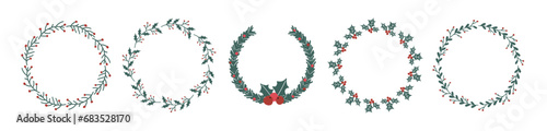Christmas holiday photo frame. Holly berry branch wreath. Xmas picture border
