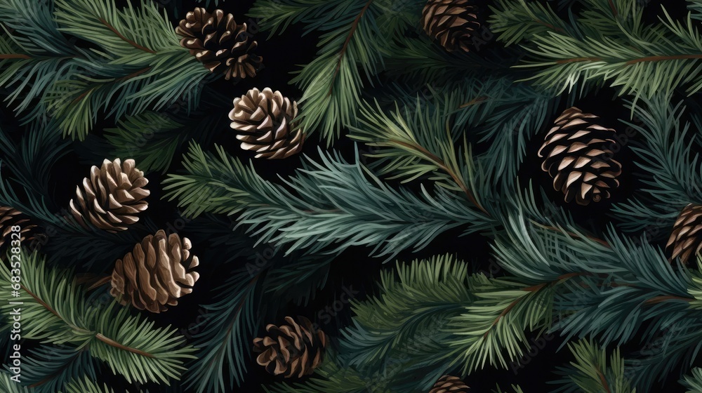 Christmas background by generating an overhead shot of spruce and thuja branches, accentuated with cones, to convey the joyous spirit of the holiday season. SEAMLESS PATTERN. SEAMLESS WALLPAPER.