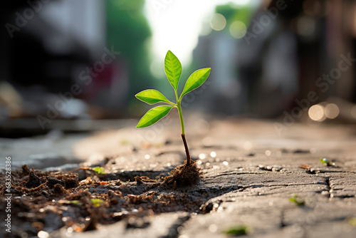 One young sprout breaks through hard surface of asphalt, symbolizing strength and determination. Life persistently breaks out through asphalt, making its way to light, peace and opportunities.