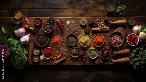 mulled wine spices arranged on a vintage wooden backdrop from a top perspective, with sufficient space for text or invitations.