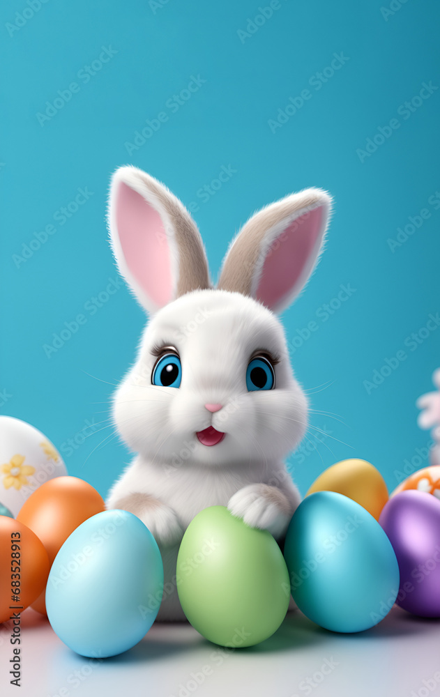 Adorable Easter bunny and easter eggs. Copy space