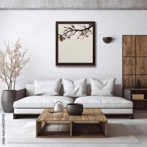 Quadratischer Couchtisch neben weißem Sofa und rustikale Schränke vor weißer Wand mit leeren Posterrahmen. Japanische Innenarchitektur eines modernen Wohnzimmers photo