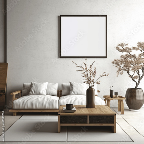 Quadratischer Couchtisch neben weißem Sofa und rustikale Schränke vor weißer Wand mit leeren Posterrahmen. Japanische Innenarchitektur eines modernen Wohnzimmers photo