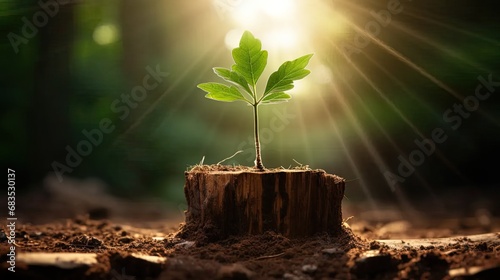 the resilience and potential for growth by portraying a strong seedling emerging from the remains of an old tree, symbolizing the continuous cycle of renewal and progress.
