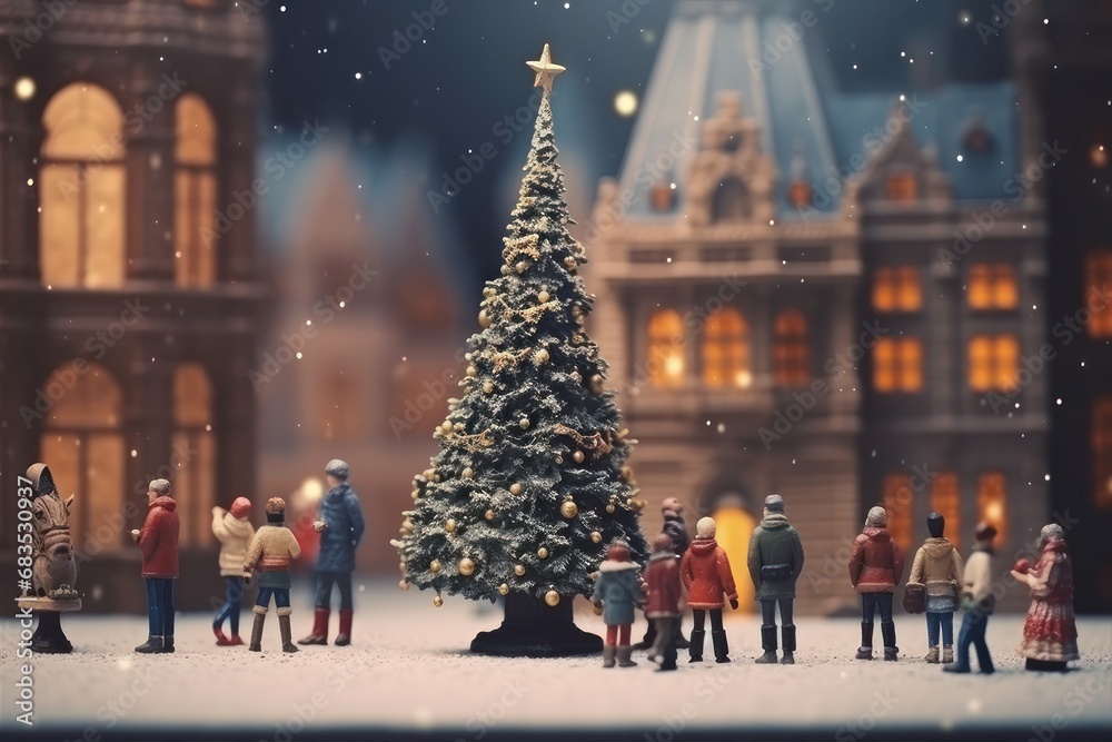 Christmas tree and people. Miniature of the old town during the holidays. City model