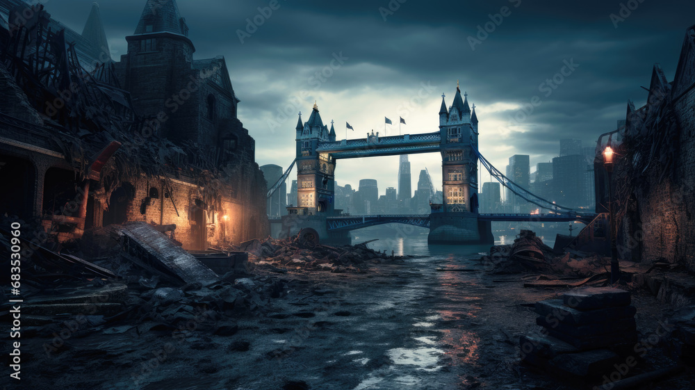 Post apocalypses view of London, destroyed city street at night. Futuristic apocalyptic fiction view of buildings ruins and rubbles. Concept of war, destruction, uk, england, background - obrazy, fototapety, plakaty 