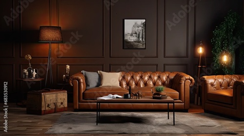 a room with a brown eco-leather couch, soft cushions, and a knitted white blanket, the inviting elements of modern living room design © lililia