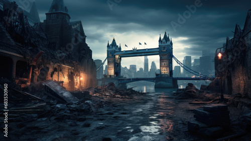 Post apocalypses view of London, destroyed city street at night. Futuristic apocalyptic fiction view of buildings ruins and rubbles. Concept of war, destruction, uk, england, background photo