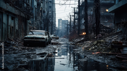 Post apocalypses view of destroyed city in twilight. Futuristic apocalyptic view of street, buildings ruins and rubbles. Concept of war, destruction, background, future, dystopia photo