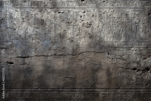 Damaged dark granite wall with Ancient Egyptian hieroglyphs, hieroglyphic writing of Egypt, texture background. Inscription as artifact of past civilization. Mystery, sign, old history photo