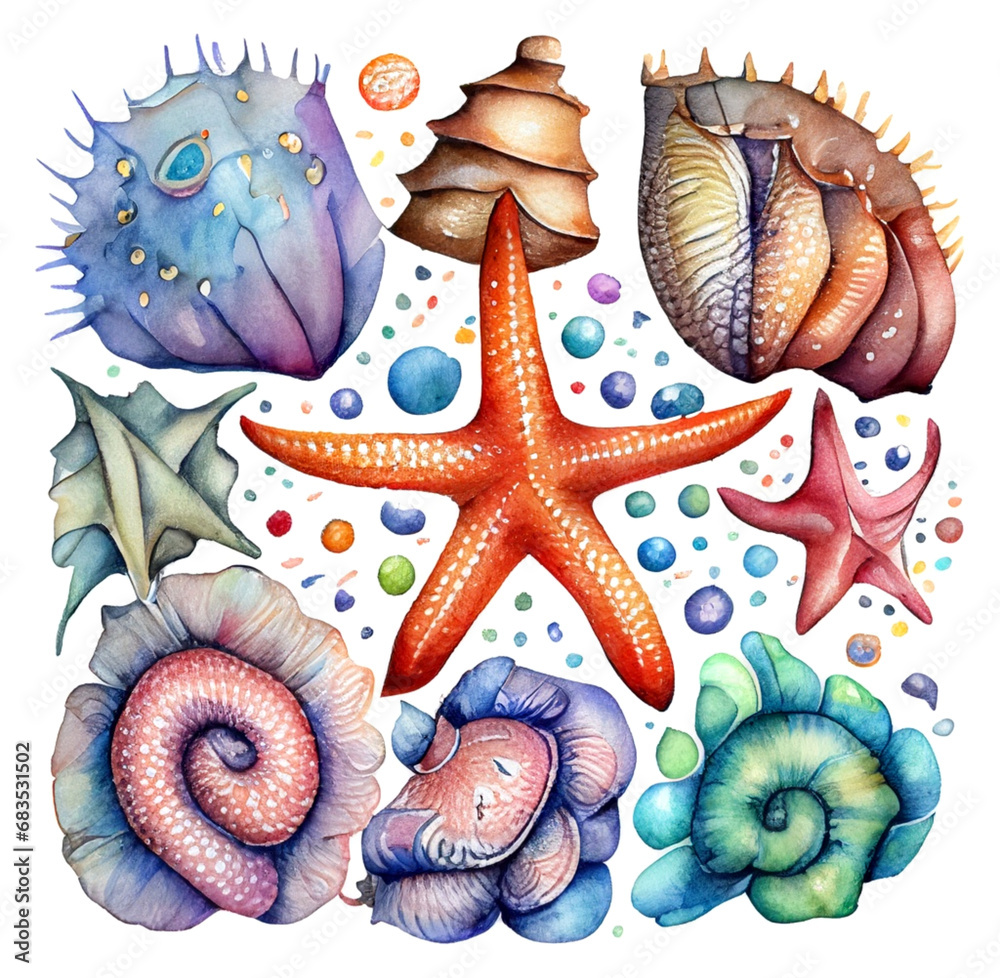 Rozgwiazda i muszle morskie ilustracja - obrazy, fototapety, plakaty 