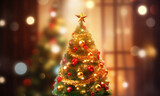 Christmas tree with baubles, decorations bal, banner with copy space, new year concept