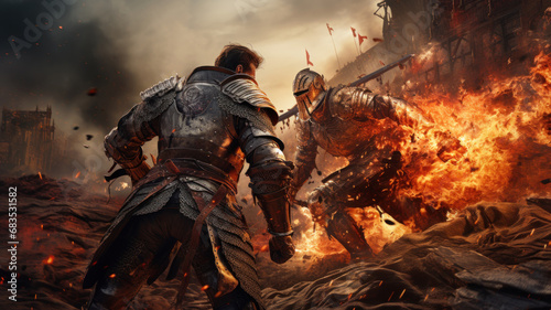 Medieval warriors besiege fortress, burning knight runs away. Dramatic scene with soldiers in iron armor, fire and smoke during siege castle. Concept of war, battle, history photo