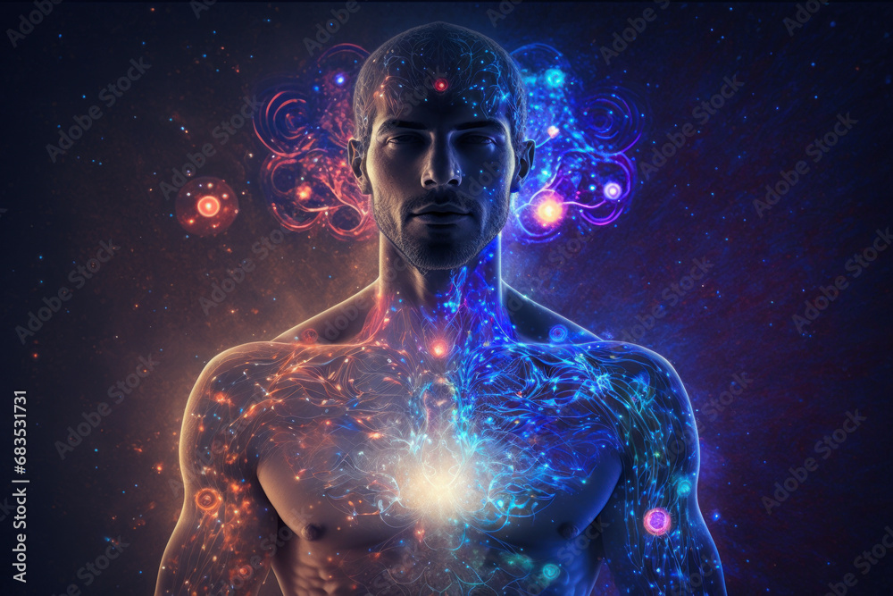 Space esoteric energy and power lines in athlete man, front view. Person silhouette and magical light on dark background. Concept of yoga, sport, aura, body and health