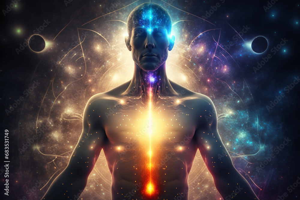 Esoteric energy and chakras in man silhouette, front view. Person and magical light on dark space background. Concept of yoga, aura, body, universe, fantasy and health