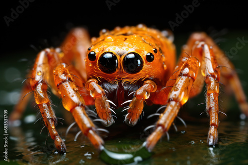 Cute wild spider sits on wet leaf on dark background, macro view. Close up portrait of scary small animal like insect in water after rain in forest. Theme of nature, spooky