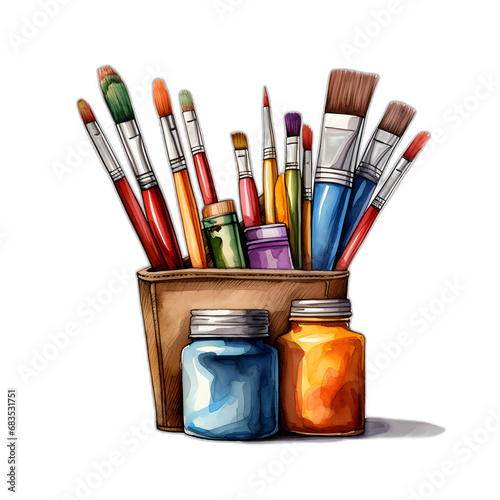Art supplies (paints, brushes, colored pencils) isolated on transparent or white background, png