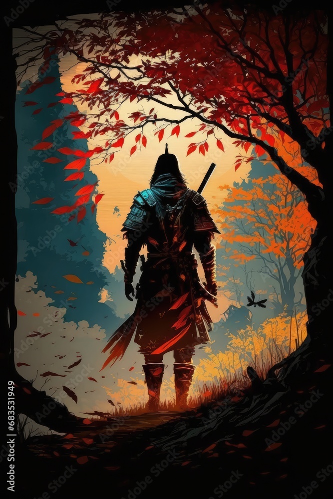 Warrior walking through the woods. Generative AI. Warrior walking through the woods. Generative AI.