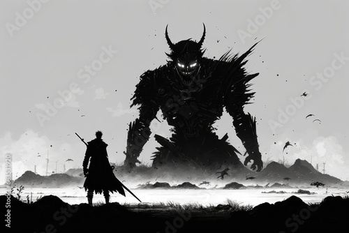 A lone warrior stands in front of a demon. Generative AI