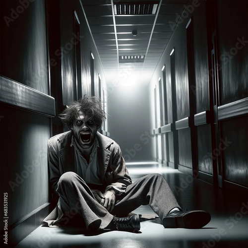 humain homme assis dans le couloir d'un asile ou hôpital avec un problème mental photo