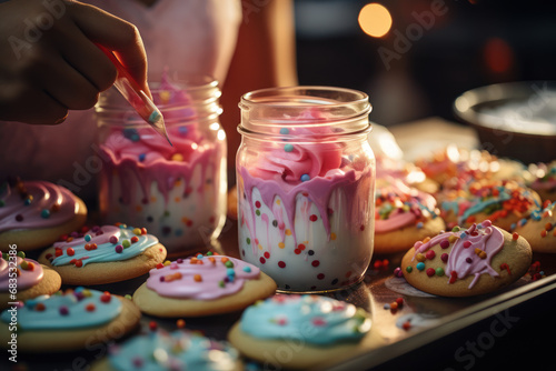 A cookie decorating workshop with colorful icing and sprinkles. Concept of creative culinary art. Generative Ai.