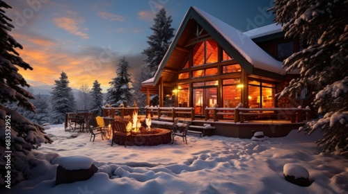 A cabin with a fire pit in the snow photo