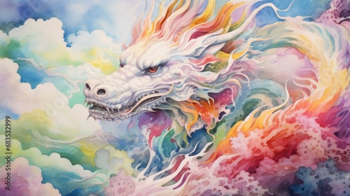 A watercolor painting of a dragon in the clouds