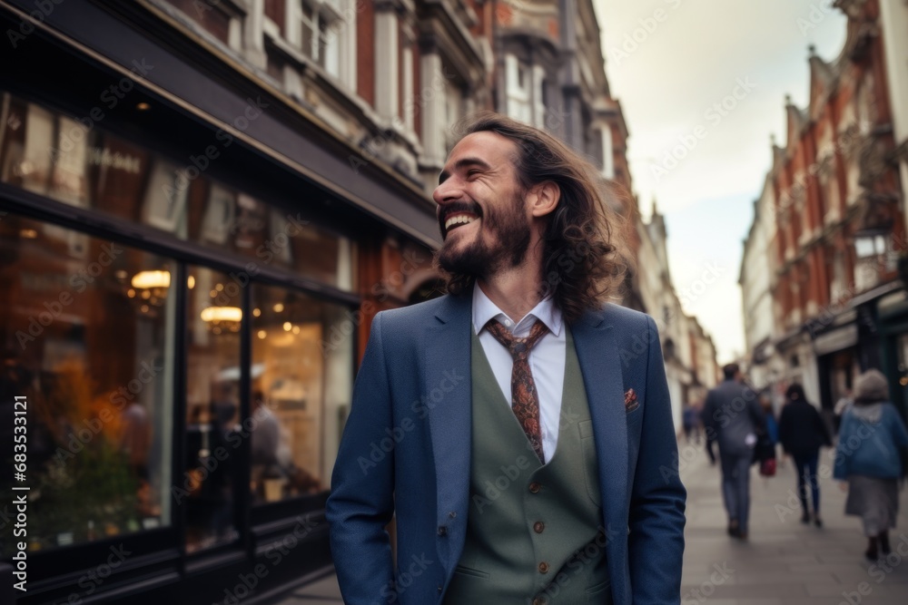 Fototapeta premium A man with long hair wearing a suit and tie