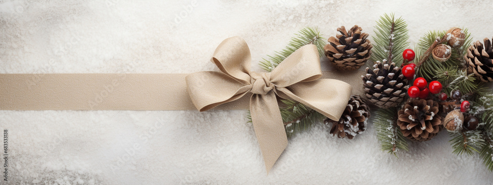 Symmetrical arrangement of pine cones and holly berries with a festive bow in the center, Christmas banner, with copy space Symmetrical arrangement of pine cones and holly berries with a festive bow in the center, Christmas banner, with copy space