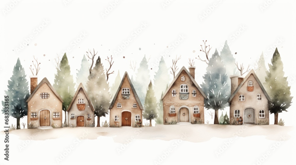 A painting of a row of houses with trees in the background A painting of a row of houses with trees in the background