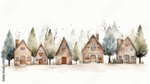 A painting of a row of houses with trees in the background