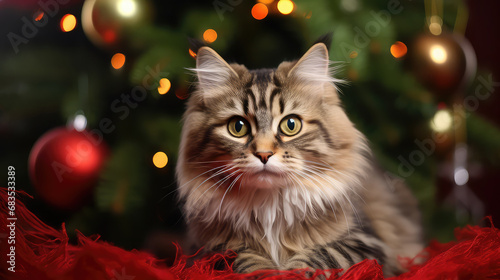 Cute adorable Christmas kitty Christmas tree postcard banner
