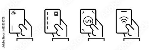 Set of vector linear elements of payment options in flat style. Credit card payment, manual debit credit card payment by cash or contactless payment by NFC on a white background eps10