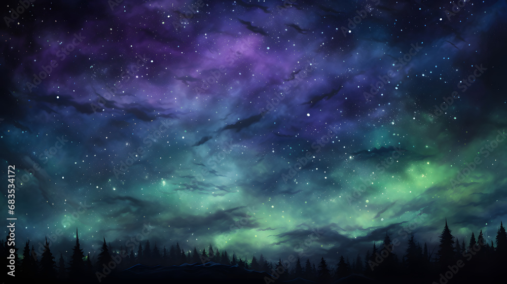 oil painting Starry Night Sky in green and purple colors