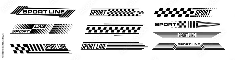 Racing stripes geometric lines design racing car hood sticker, dynamic arrow shapes and lines background for sporting event. racing start and finish flag. vector illustration template for motorsports - obrazy, fototapety, plakaty 