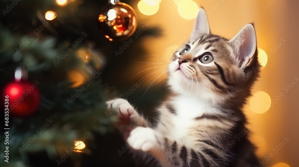 Cute adorable Christmas tabby kitten Christmas tree postcard banner
